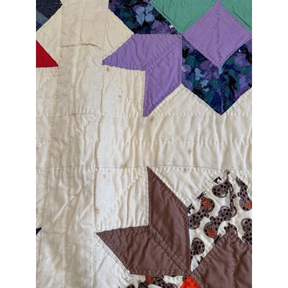 Vintage Handcrafted Patchwork Star Quilt Calico Cottagecore Folk Art 69